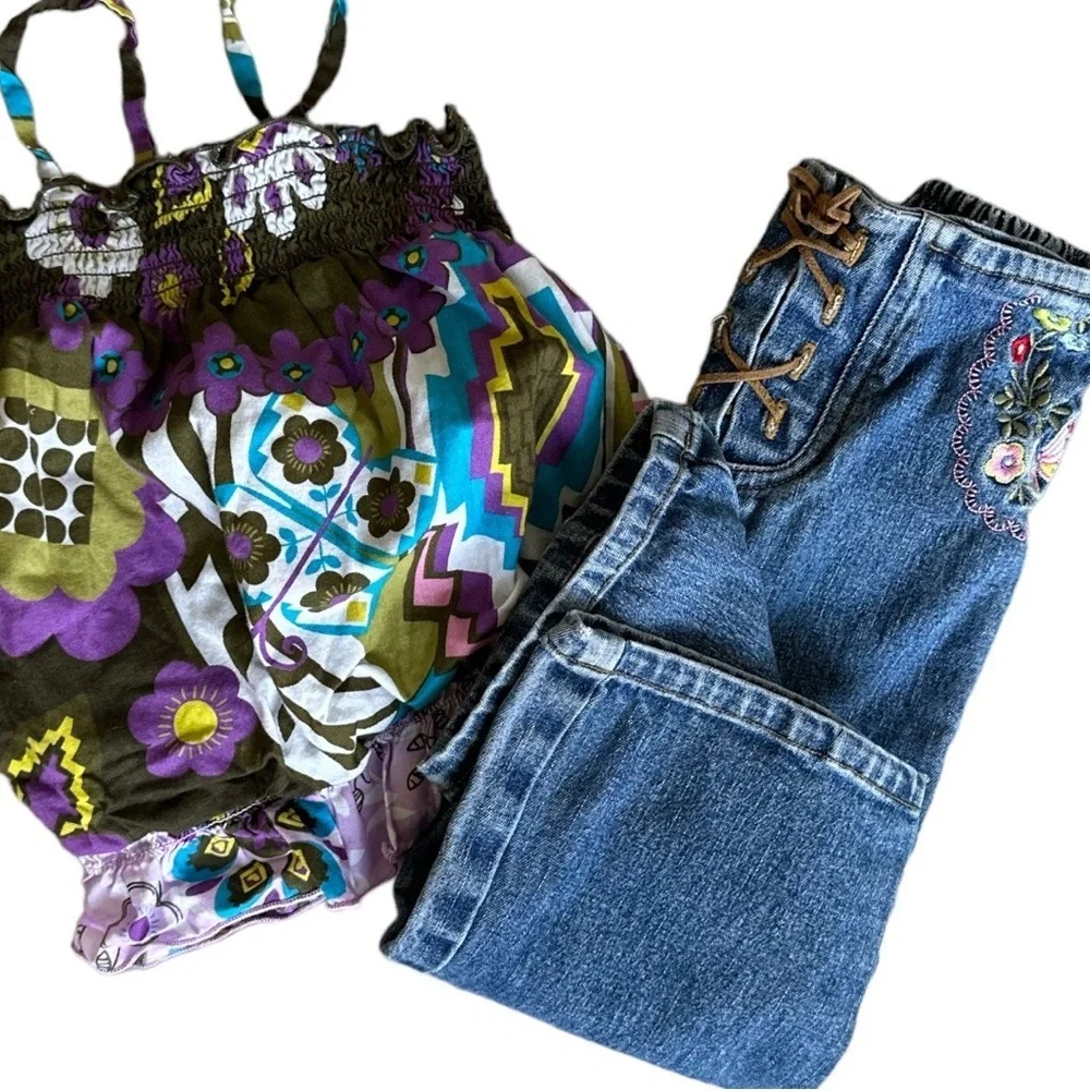 Y2K Bohemian Place Denim Embroidered Jeans + Mixed Print Retro Bubble Top Girl